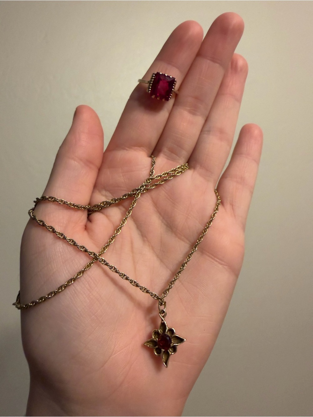 Vintage 10K Gold Synthetic Ruby Ring Size 7 & Matching Necklace Set